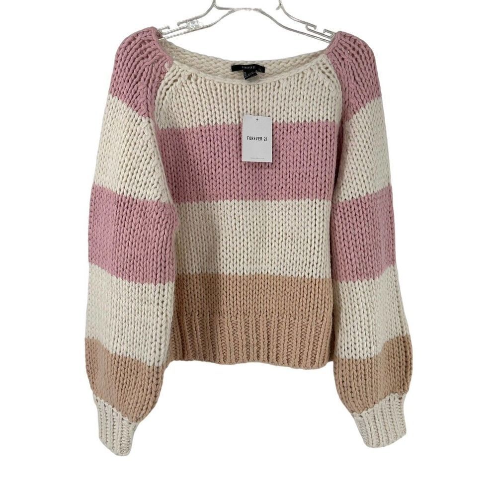 Chunky Knit Sweater Striped Size S Relaxed Pink White Boat Neck Balloon Sleeve